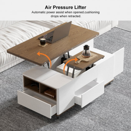 HMR Modern 47" Lift Top Foldable Coffee Table Multi Functional Table with 3 Drawers & Cabinet - White/Walnut