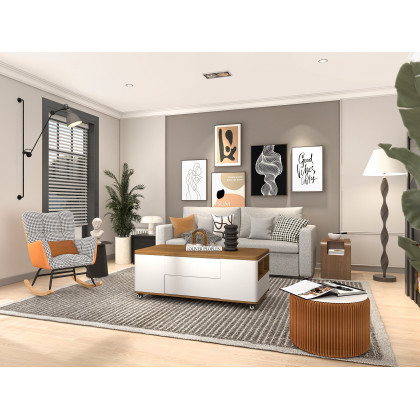 HMR Modern 47" Lift Top Foldable Coffee Table Multi Functional Table with 3 Drawers & Cabinet - White/Walnut