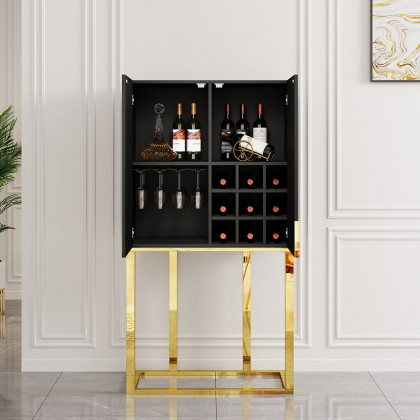 HMR - Modern Glossy Black Bar Cabinet with Door Storage Home Bar Cabinet Stainless Steel