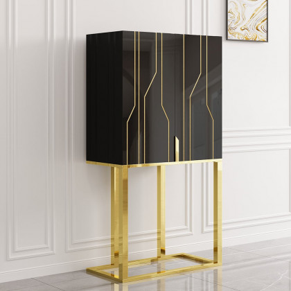 HMR - Modern Glossy Black Bar Cabinet with Door Storage Home Bar Cabinet Stainless Steel
