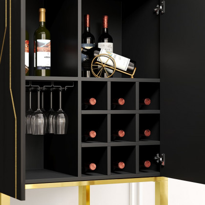 HMR - Modern Glossy Black Bar Cabinet with Door Storage Home Bar Cabinet Stainless Steel