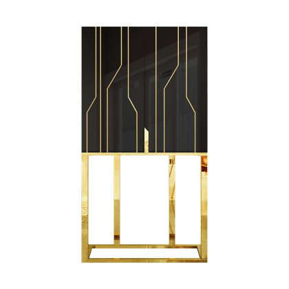 HMR - Modern Glossy Black Bar Cabinet with Door Storage Home Bar Cabinet Stainless Steel