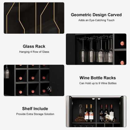 HMR - Modern Glossy Black Bar Cabinet with Door Storage Home Bar Cabinet Stainless Steel