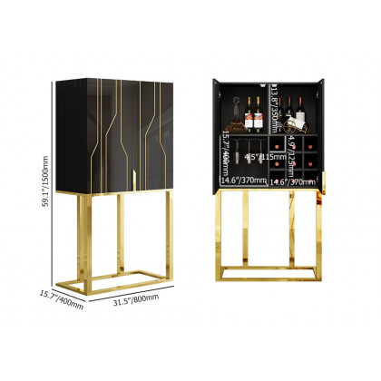 HMR - Modern Glossy Black Bar Cabinet with Door Storage Home Bar Cabinet Stainless Steel
