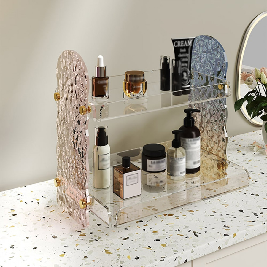 HMR - 2 Tier Acrylic Bathroom Storage Rack Makeup Cosmetic Organizer in Iridescent & Clear