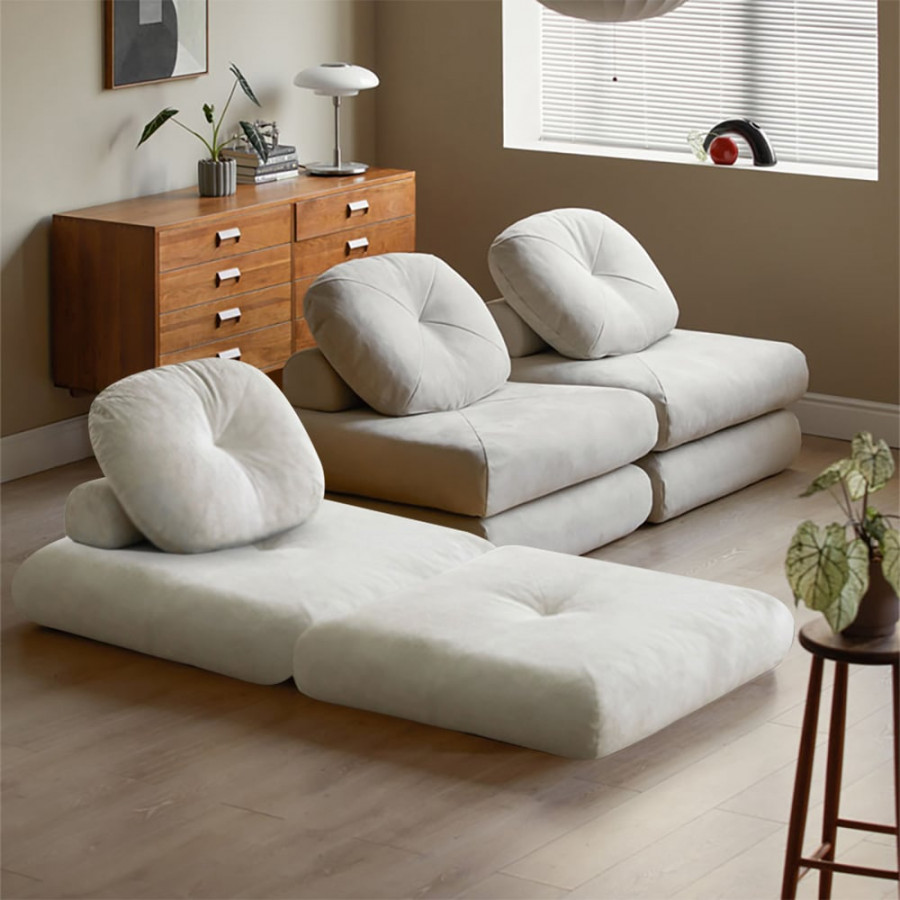 HMR - White Cloud Modular Sectional Convertible 3-Seater Sofa Velvet Upholstered with Pillows