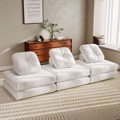 HMR - White Cloud Modular Sectional Convertible 3-Seater Sofa Velvet Upholstered with Pillows