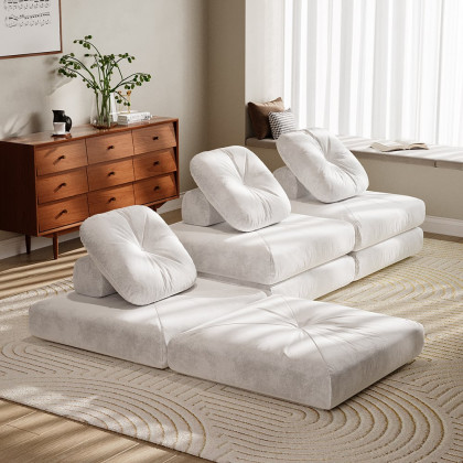 HMR - White Cloud Modular Sectional Convertible 3-Seater Sofa Velvet Upholstered with Pillows