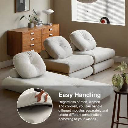 HMR - White Cloud Modular Sectional Convertible 3-Seater Sofa Velvet Upholstered with Pillows