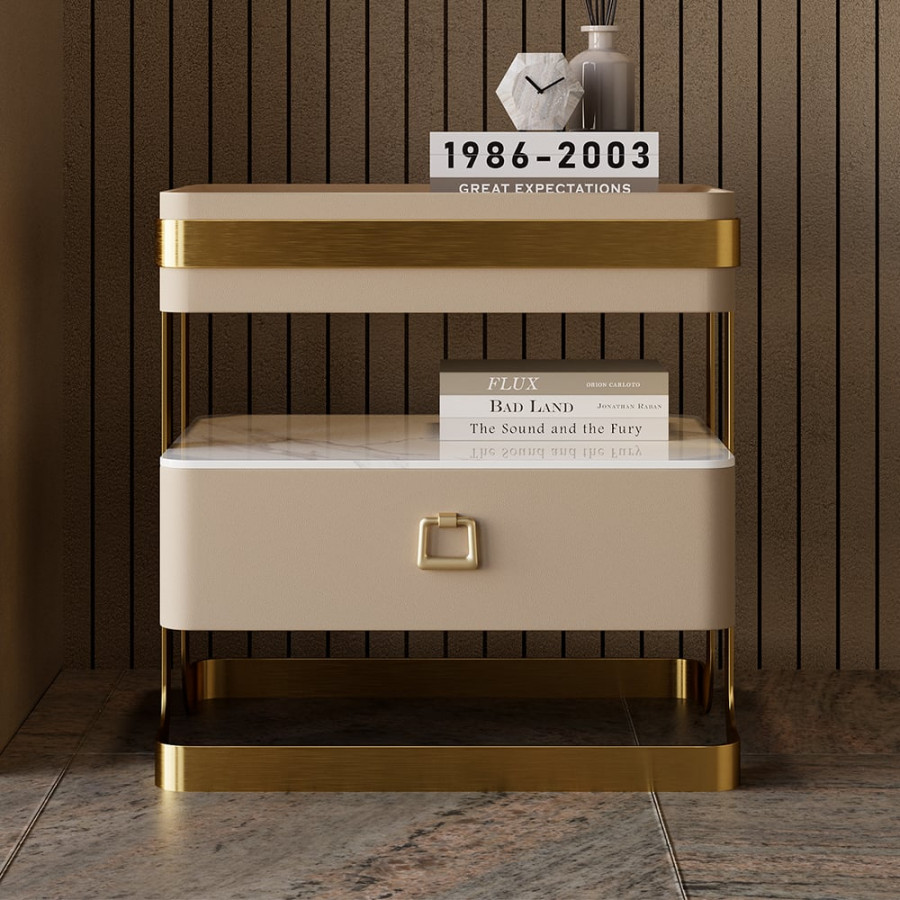 HMR - Modern Tempered Glass Nightstand with Sintered Stone Shelf Bedside Table with Drawer