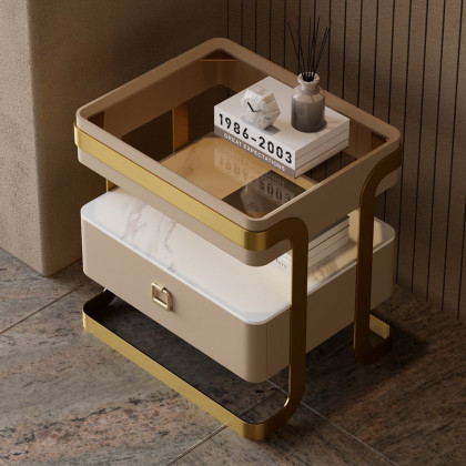 HMR - Modern Tempered Glass Nightstand with Sintered Stone Shelf Bedside Table with Drawer