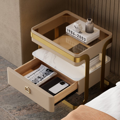 HMR - Modern Tempered Glass Nightstand with Sintered Stone Shelf Bedside Table with Drawer