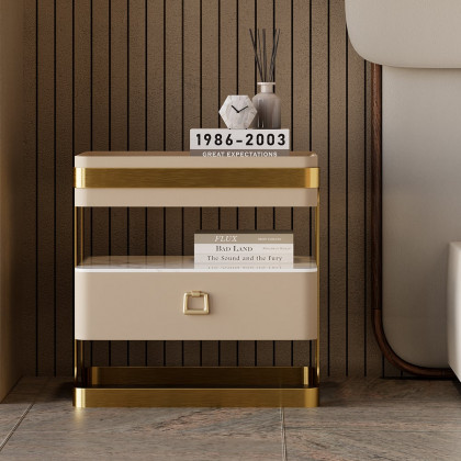 HMR - Modern Tempered Glass Nightstand with Sintered Stone Shelf Bedside Table with Drawer