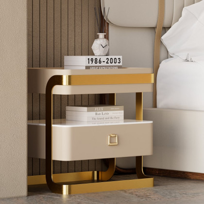 HMR - Modern Tempered Glass Nightstand with Sintered Stone Shelf Bedside Table with Drawer