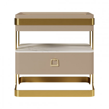 HMR - Modern Tempered Glass Nightstand with Sintered Stone Shelf Bedside Table with Drawer