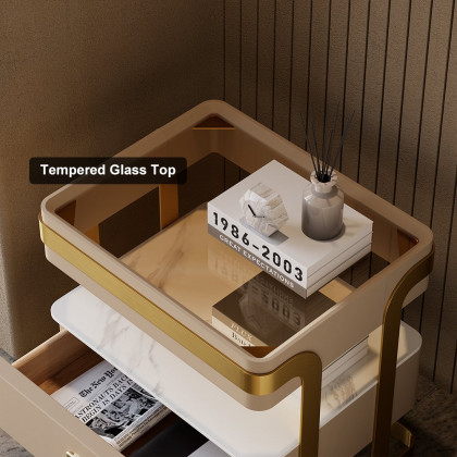 HMR - Modern Tempered Glass Nightstand with Sintered Stone Shelf Bedside Table with Drawer
