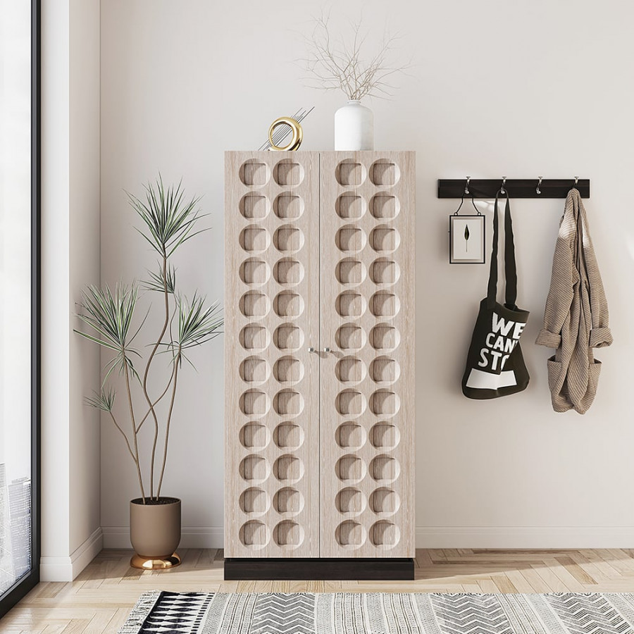 HMR - Japandi Washed White Wardrobe Closet Oak Veneer Armoire with 3 Drawers & Graphical Doors