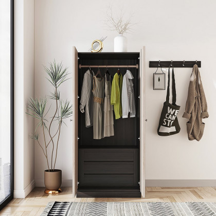 HMR - Japandi Washed White Wardrobe Closet Oak Veneer Armoire with 3 Drawers & Graphical Doors