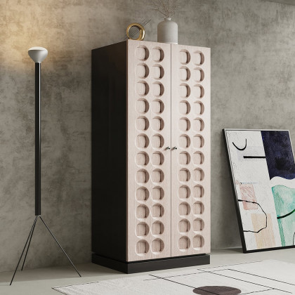HMR - Japandi Washed White Wardrobe Closet Oak Veneer Armoire with 3 Drawers & Graphical Doors