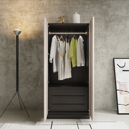 HMR - Japandi Washed White Wardrobe Closet Oak Veneer Armoire with 3 Drawers & Graphical Doors