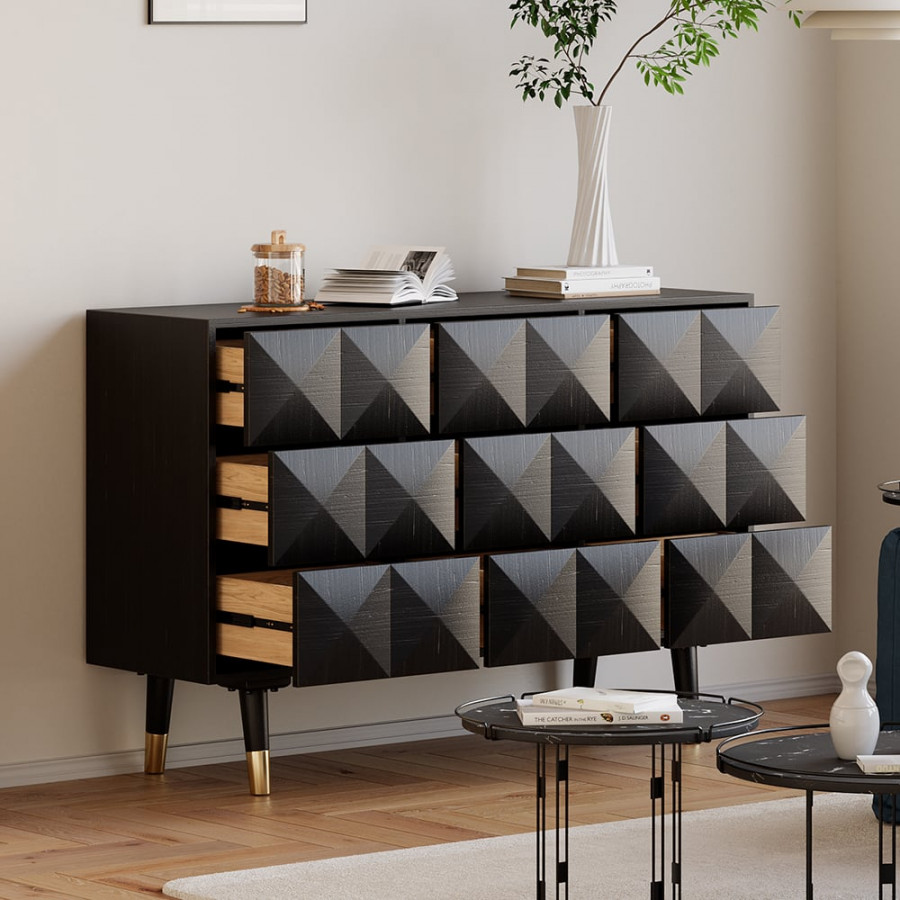 HMR - 49"W Mid Century Modern Black Dresser Chest of 9 Drawers Storage Cabinet