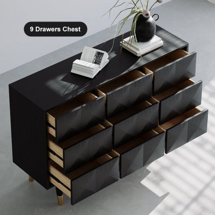 HMR - 49"W Mid Century Modern Black Dresser Chest of 9 Drawers Storage Cabinet