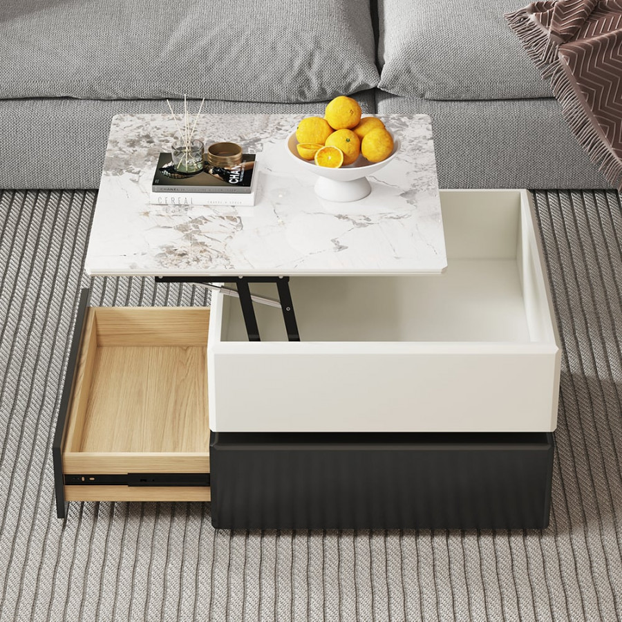 HMR - Modern Black & Khaki Lift Top Small Square Sintered Stone Coffee Table with Storage