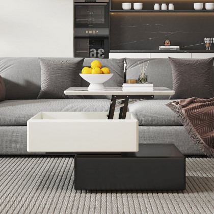 HMR - Modern Black & Khaki Lift Top Small Square Sintered Stone Coffee Table with Storage