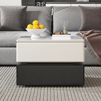 HMR - Modern Black & Khaki Lift Top Small Square Sintered Stone Coffee Table with Storage