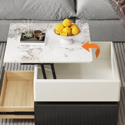 HMR - Modern Black & Khaki Lift Top Small Square Sintered Stone Coffee Table with Storage