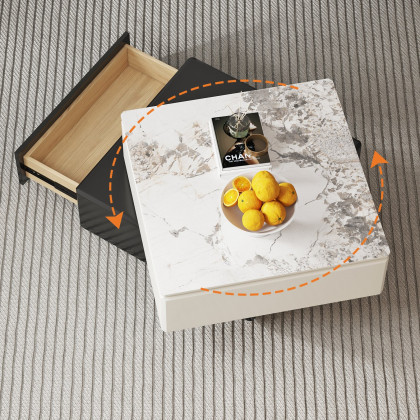 HMR - Modern Black & Khaki Lift Top Small Square Sintered Stone Coffee Table with Storage
