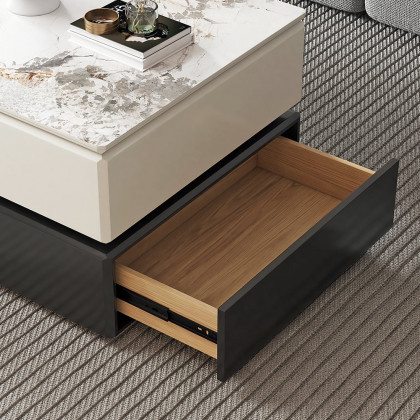 HMR - Modern Black & Khaki Lift Top Small Square Sintered Stone Coffee Table with Storage