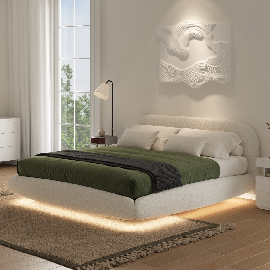 HMR - King Size Boucle Upholstered Floating Bed Frame with Light