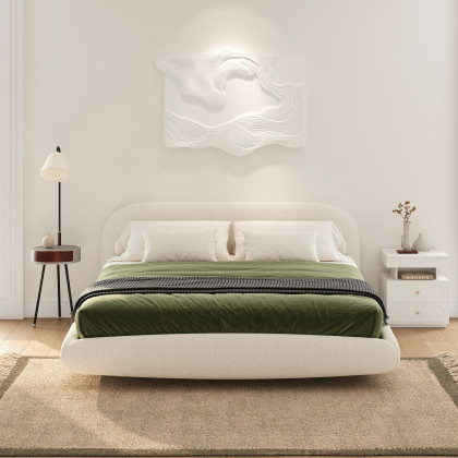 HMR - King Size Boucle Upholstered Floating Bed Frame with Light
