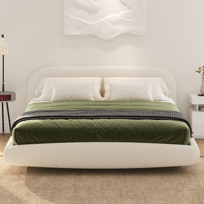 HMR - King Size Boucle Upholstered Floating Bed Frame with Light