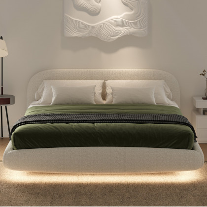 HMR - King Size Boucle Upholstered Floating Bed Frame with Light
