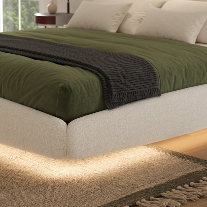HMR - King Size Boucle Upholstered Floating Bed Frame with Light