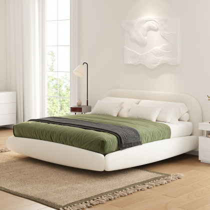 HMR - King Size Boucle Upholstered Floating Bed Frame with Light