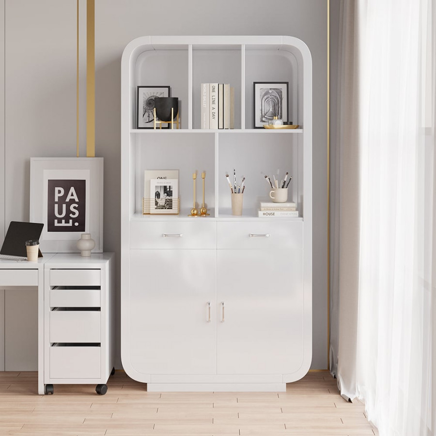 HMR - 79.1" White Bookcase with Doors Modern Etagere Bookcase with Drawers