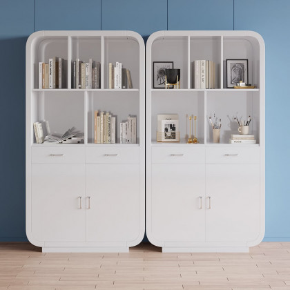 HMR - 79.1" White Bookcase with Doors Modern Etagere Bookcase with Drawers