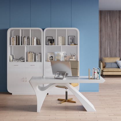 HMR - 79.1" White Bookcase with Doors Modern Etagere Bookcase with Drawers