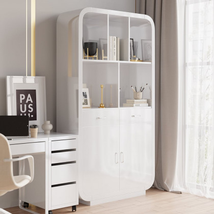 HMR - 79.1" White Bookcase with Doors Modern Etagere Bookcase with Drawers