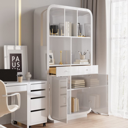 HMR - 79.1" White Bookcase with Doors Modern Etagere Bookcase with Drawers