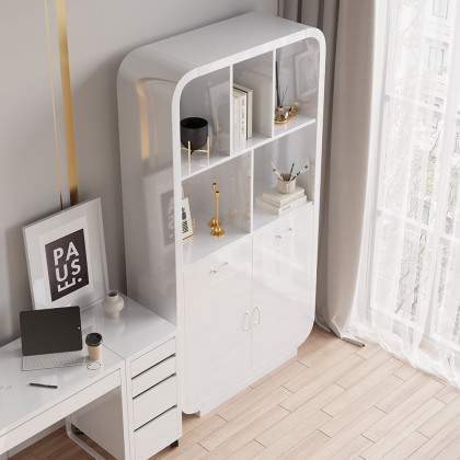 HMR - 79.1" White Bookcase with Doors Modern Etagere Bookcase with Drawers