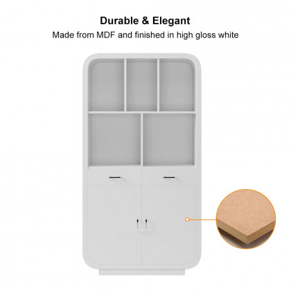 HMR - 79.1" White Bookcase with Doors Modern Etagere Bookcase with Drawers