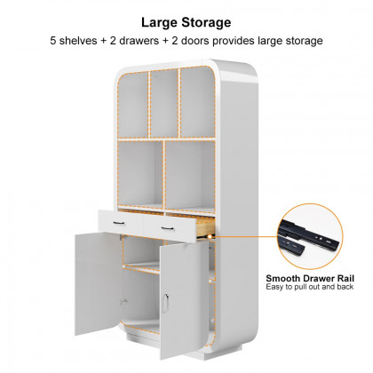 HMR - 79.1" White Bookcase with Doors Modern Etagere Bookcase with Drawers