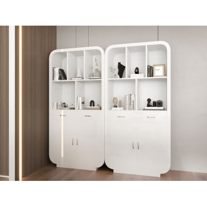 HMR - 79.1" White Bookcase with Doors Modern Etagere Bookcase with Drawers