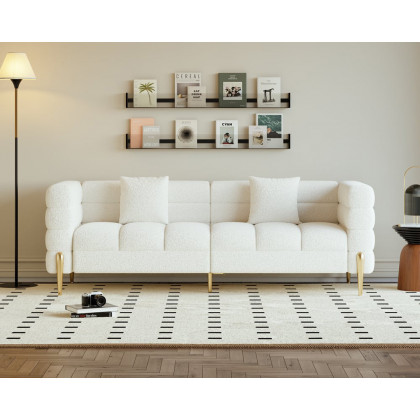 HMR Aurora 79" Fluted Sofa with Gold Legs & Pillows Set of 3 - White, Boucle