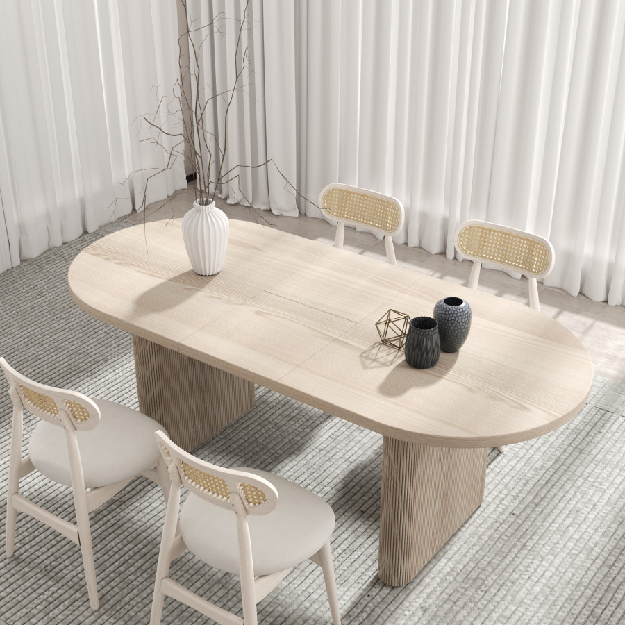 HMR Dining Set 63"-79" Japandi Oval Extendable Dining Table Whitewash with Chairs - White, With 4 Chairs, Style A
