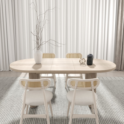 HMR Dining Set 63"-79" Japandi Oval Extendable Dining Table Whitewash with Chairs - White, With 4 Chairs, Style A
